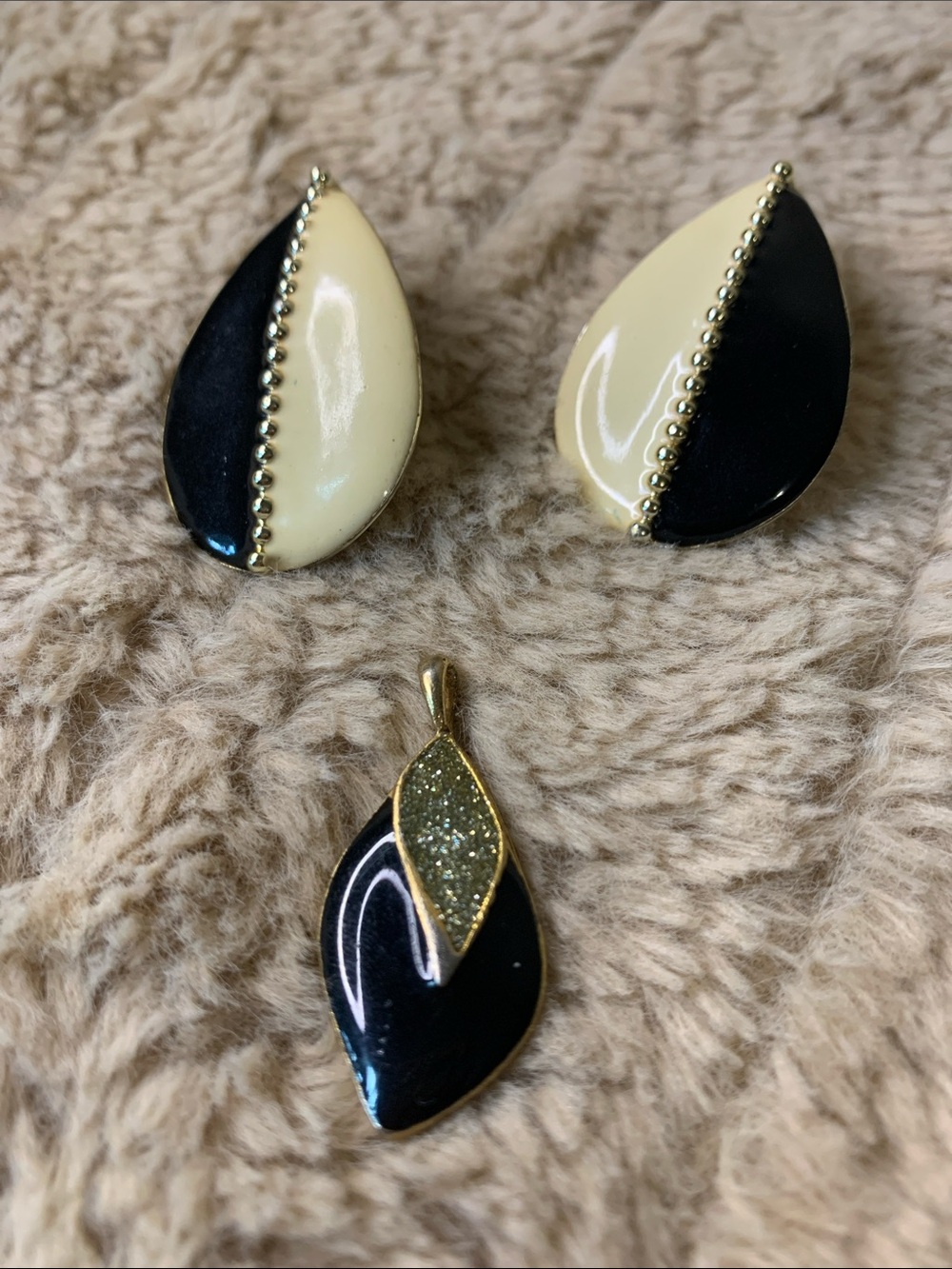 Monet Black and Cream Teardrop Earrings with Gold Bead Detail and Pendant